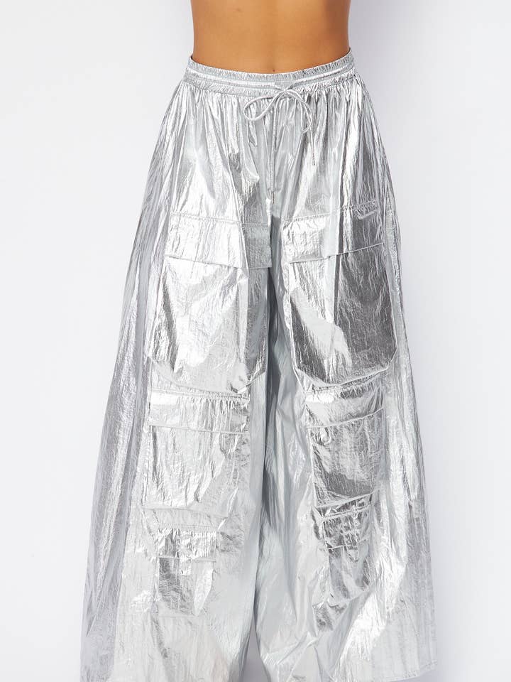Juno Baggy Metallic Cargo Pocket Wide Leg Pants (HXP048) for wholesale by Hot & Delicious