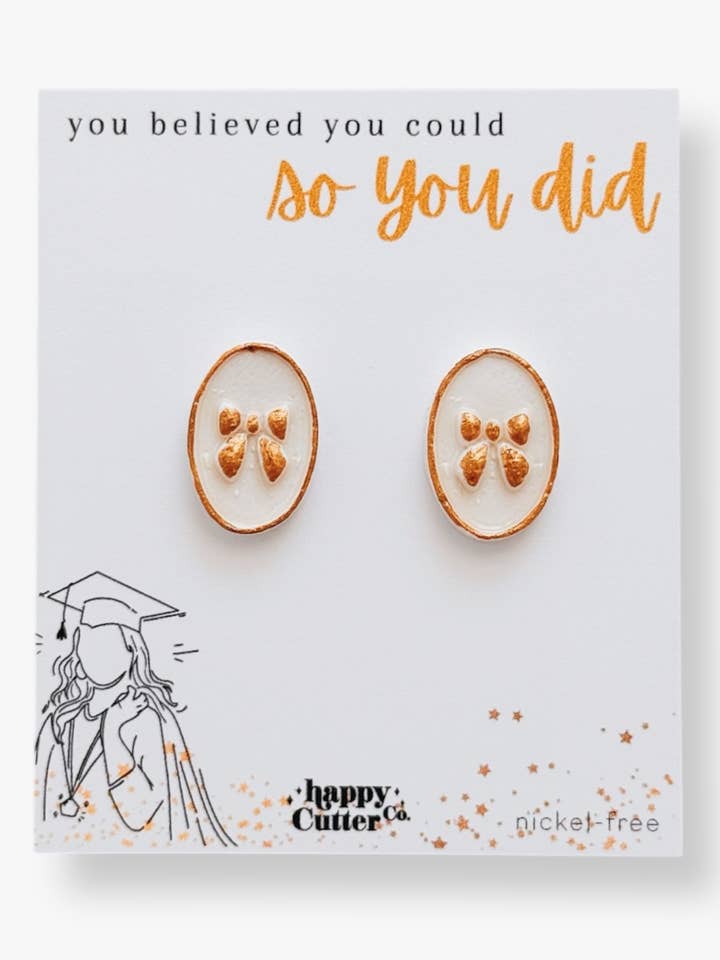 Graduation Card | Grad Gift | White Glossy Bow Clay Earrings for wholesale by Happy Cutter Co