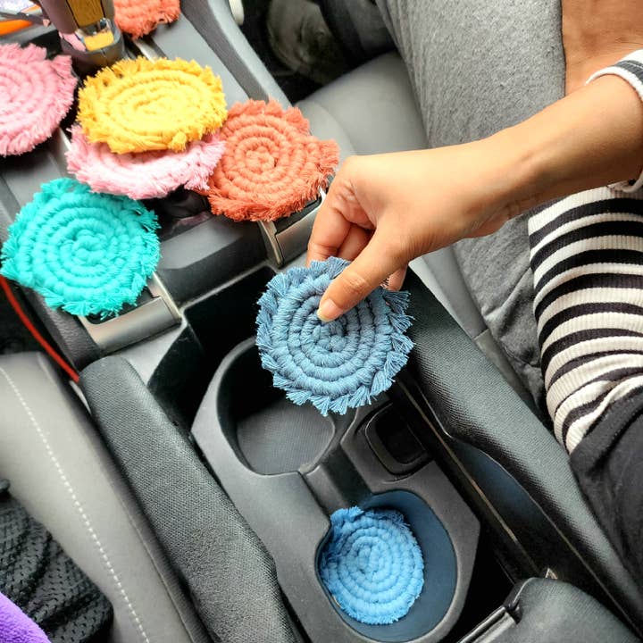 Handmade By Uruba - Wholesale Car coaster – women's - Set of 2 Macrame Car Coasters, Cute Boho Car Accessory10