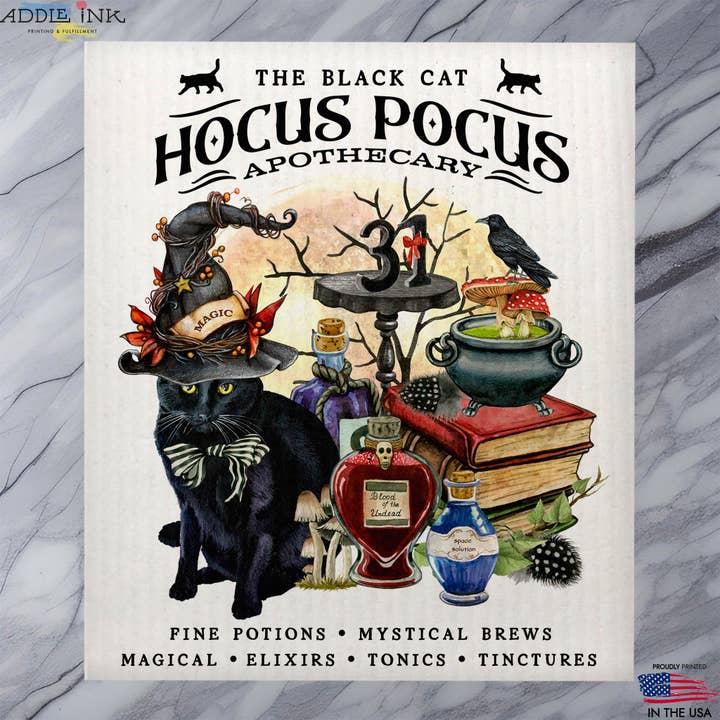 Black Cat Apothecary Halloween Swedish Dish Cloth Sponge for wholesale by ADDLE iNK