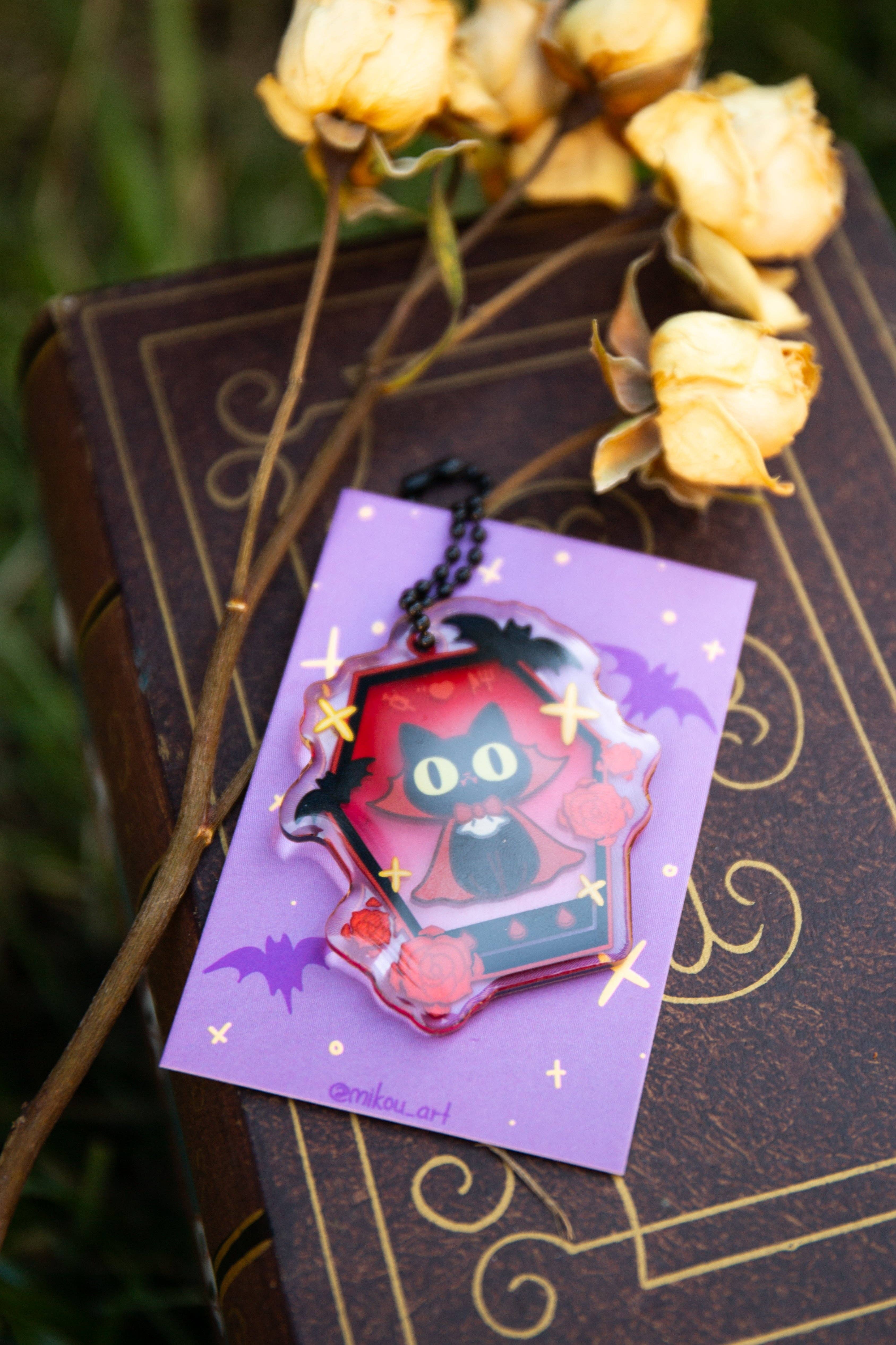 MikouArt - Vendita all'ingrosso Portachiavi - Donna - Portachiavi in resina epossidica acrilica Tamagotchi Gatto Vampiro, ciondolo per telefono, regalo per amanti dei gatti, regalo per lei, arte originale di Mikou4