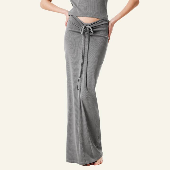 Women's Drawstring Ribbed Knit Maxi Skirt. for wholesale by particleactive