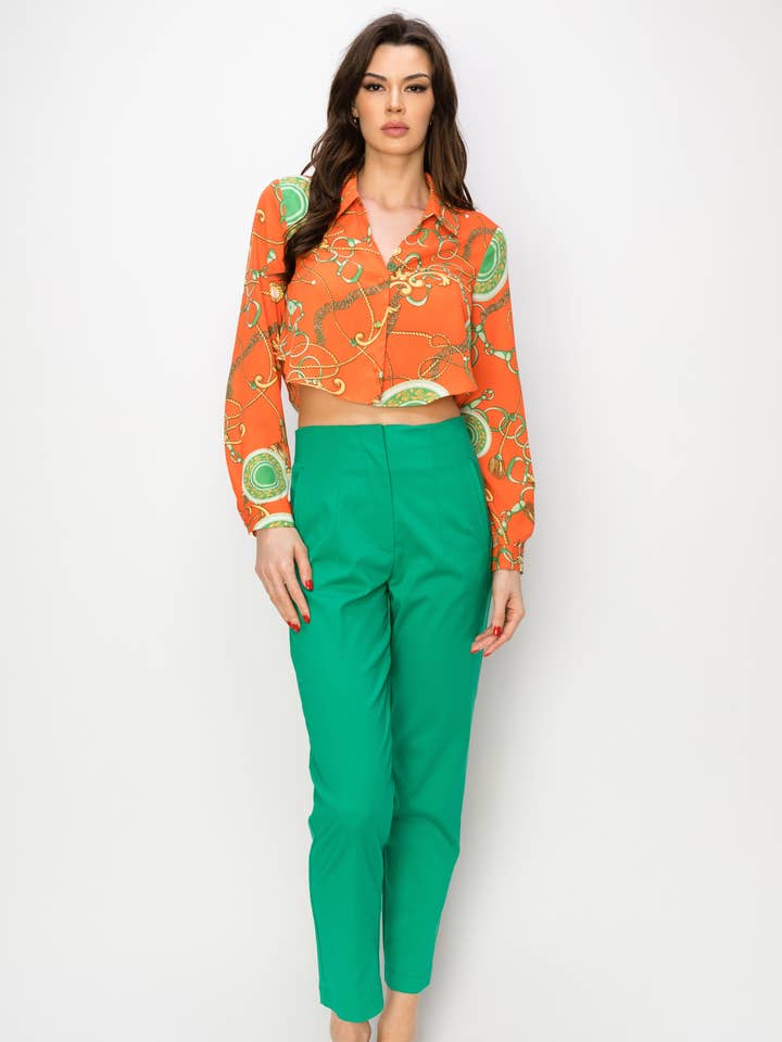 Trendsetter Orange-Green Chain Print Long-sleeved cropped top for wholesale by LINZY