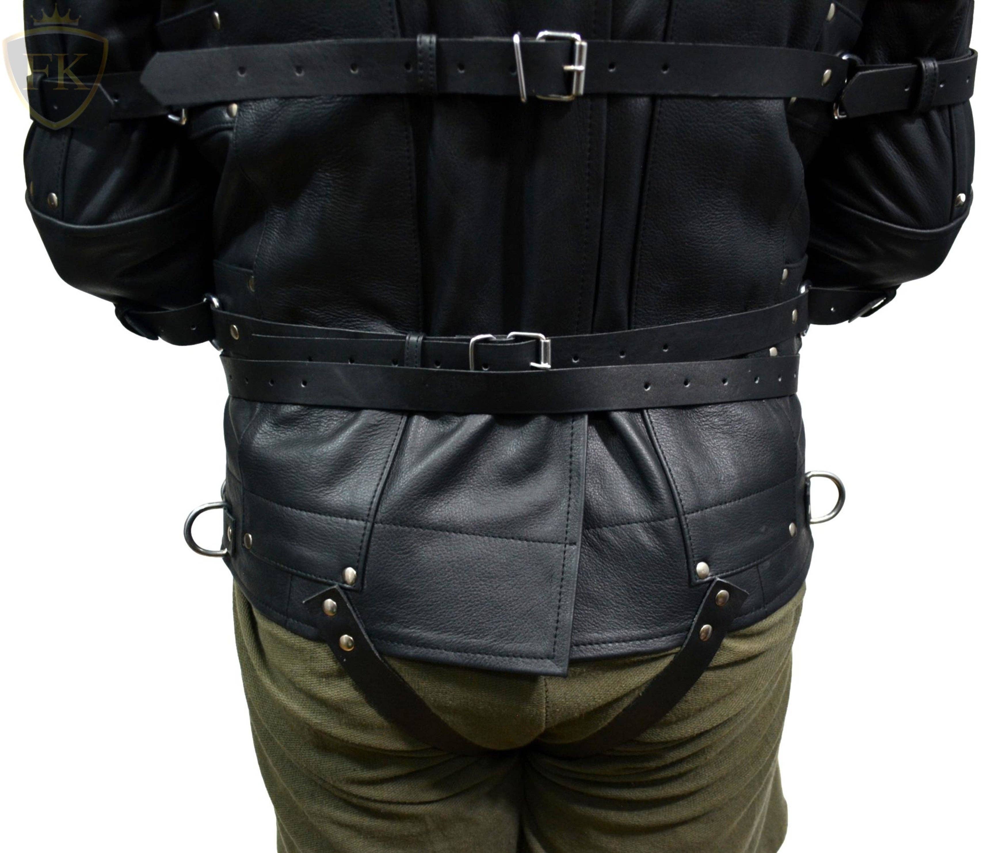 Meninleather – wholesale Leather jacket – Men′s – Men Leather Straitjacket Straight jacket with Locking Buckles Belts5