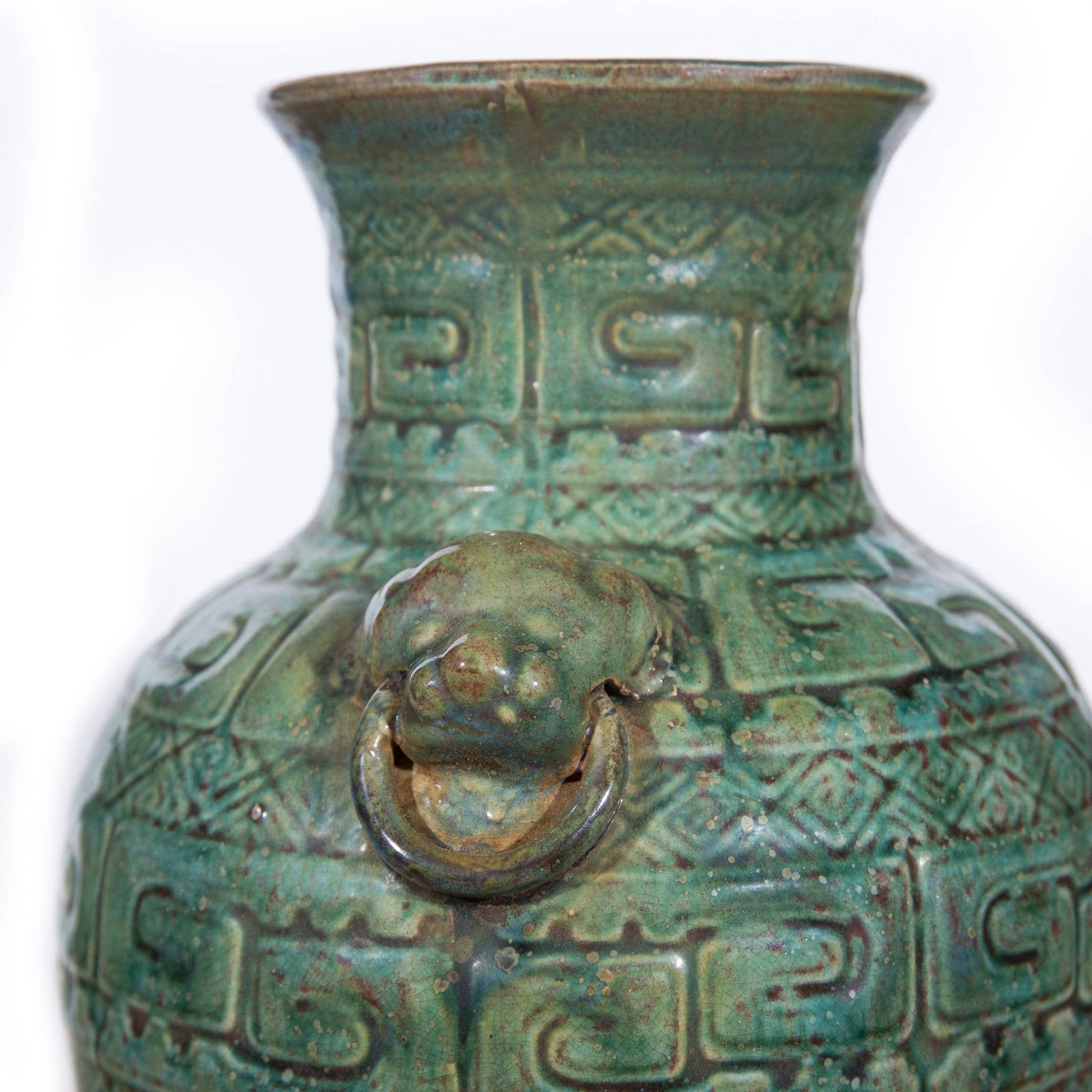 Legend Accents - Wholesale Vase - Speckled Green Greek Key Carving Vase2