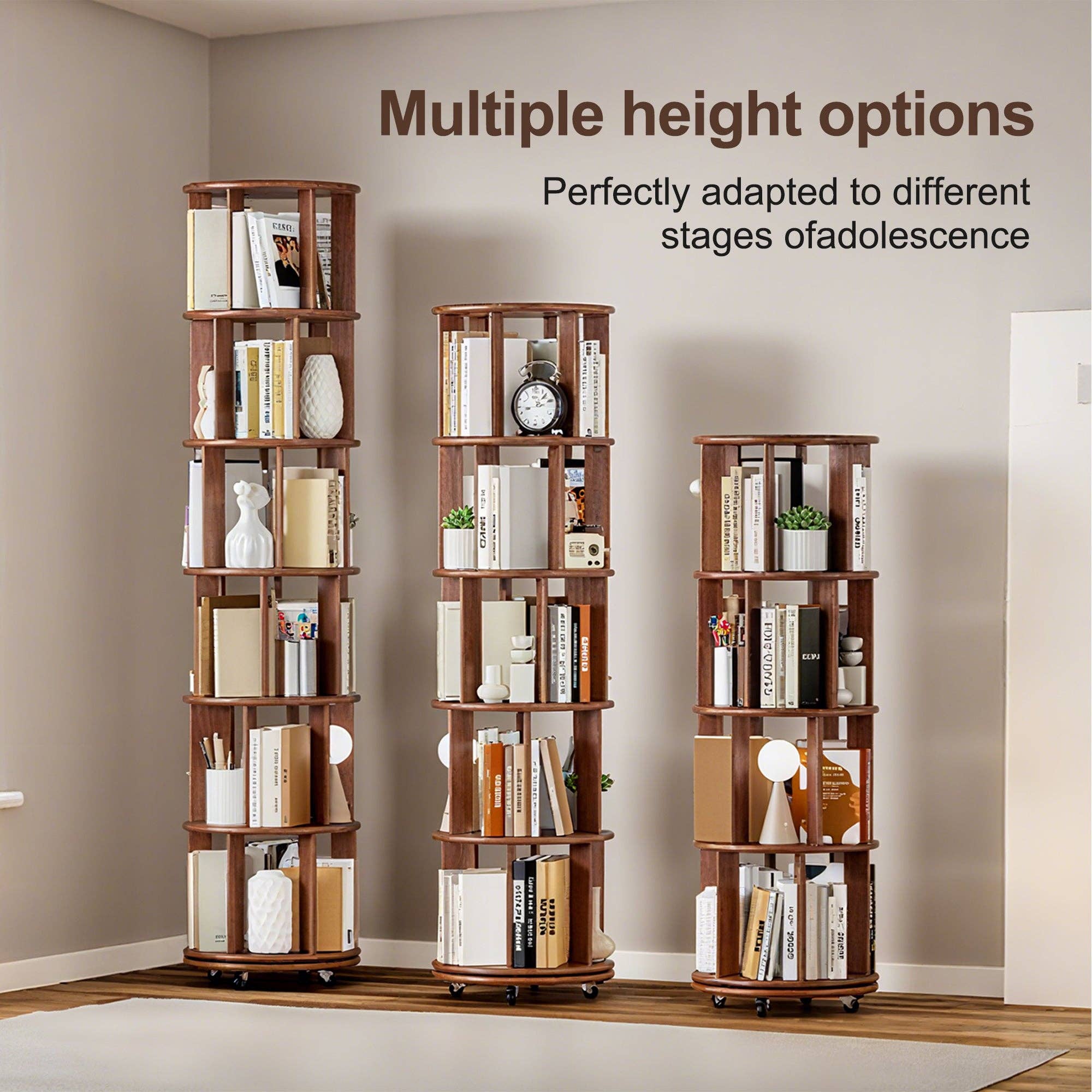 39F Inc. - Wholesale Bookcase - Walnut 4-Tier 100% Solid Wood Rotating Bookshelf with Wheel8
