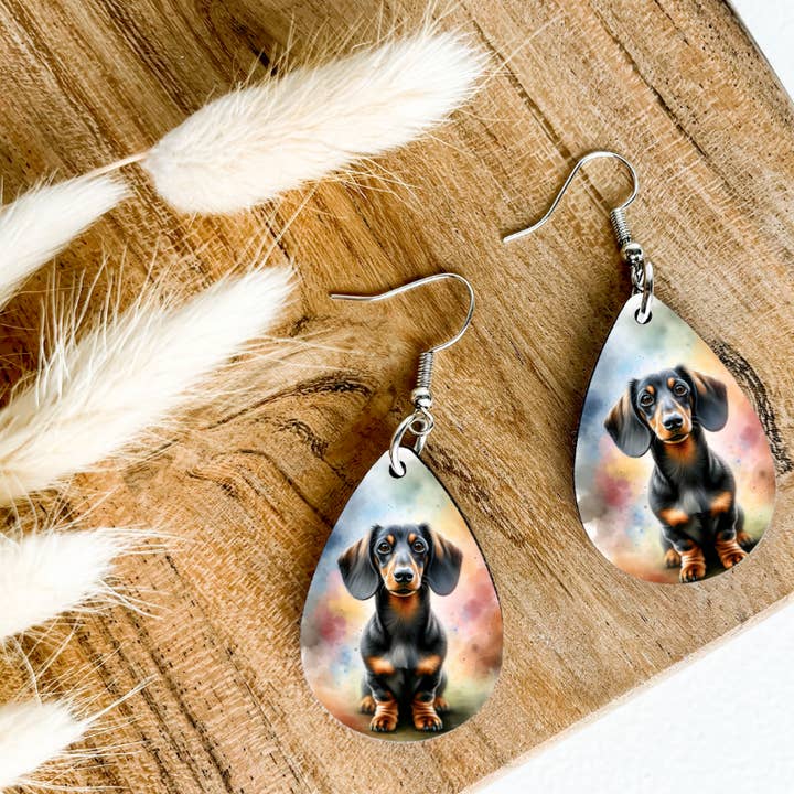 DACHSHUND dog print dangle teardrop earrings for wholesale by Eartherella Soap & Candle Co., LLC