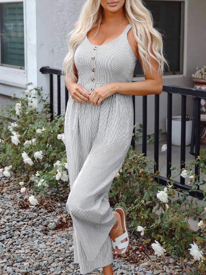 Black Stripe Half Buttoned Sleeveless Wide Leg Jumpsuit and other Purchase Wholesale striped jumpsuit. Free Returns & Net 60 Terms on Faire trending on Faire.