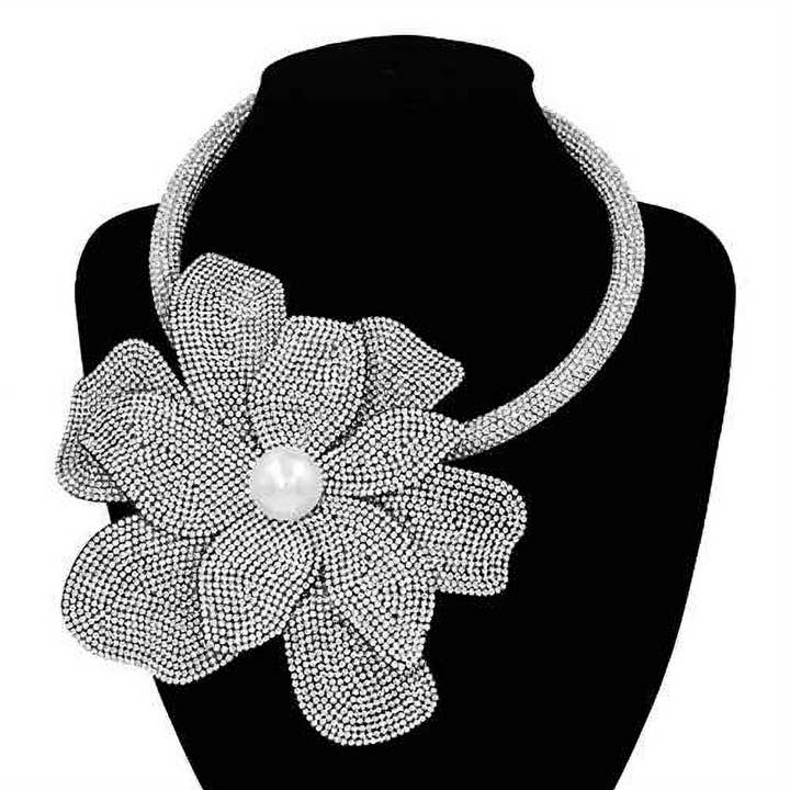 Sensibling Corp. - Wholesale Pendant/Charm Necklace - Pearl Centered Bling Studded Oversized Flower Pointed Necklace18