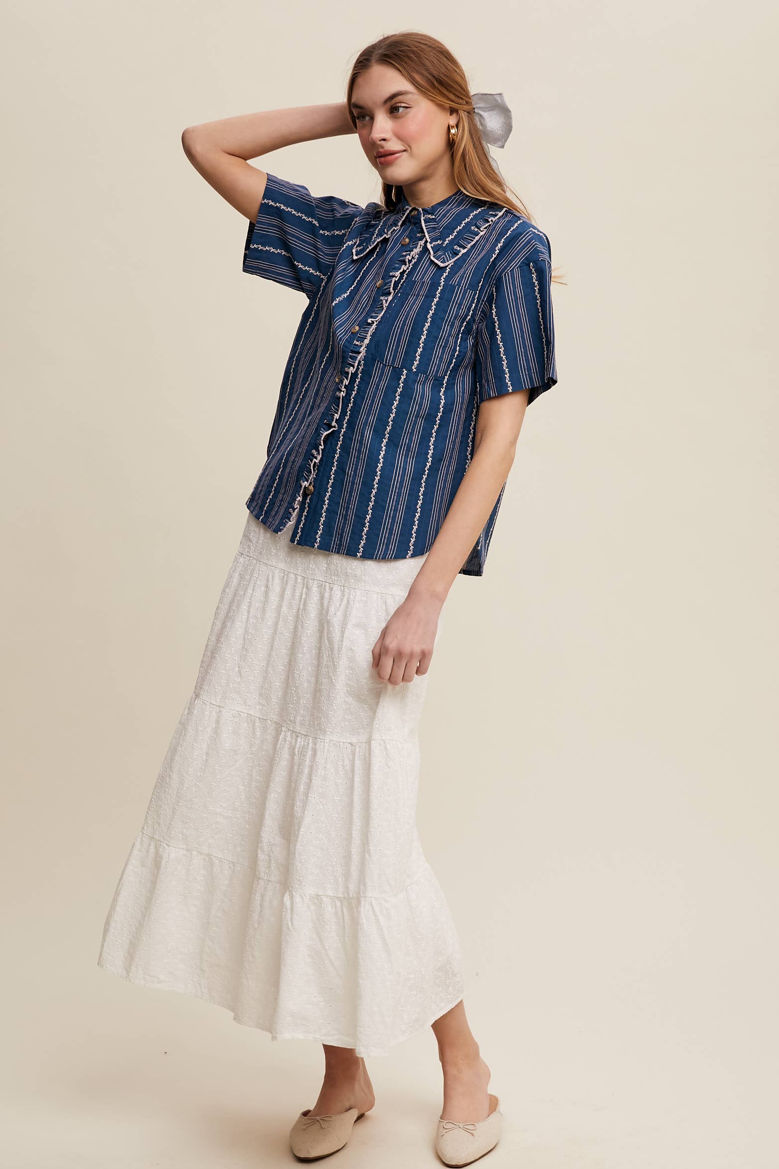 Listicle - Wholesale Button Down Shirt - Women's - Striped Embroidered Button-Down Blouse33