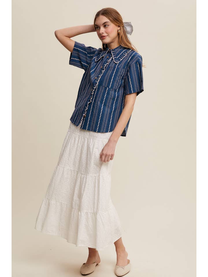 Listicle - Wholesale Button Down Shirt - Women's - Striped Embroidered Button-Down Blouse33