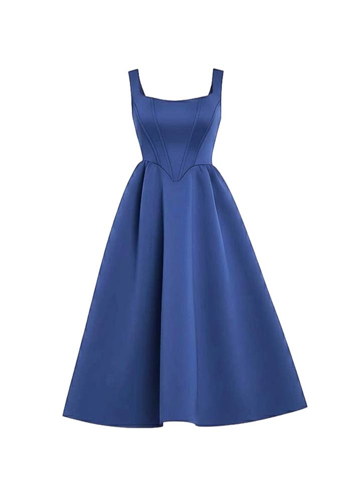 Vestido midi azul marino con escote cuadrado, corsé y falda acampanada. para venta al por mayor de AVINCI