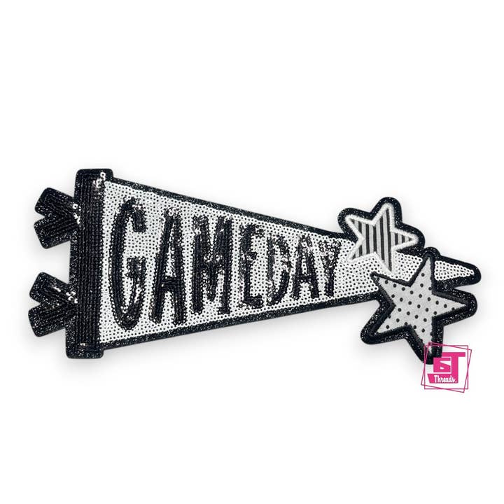 6j Threads LLC - Wholesale Patch - Black Sequin Game Day Pennant....Patches Only