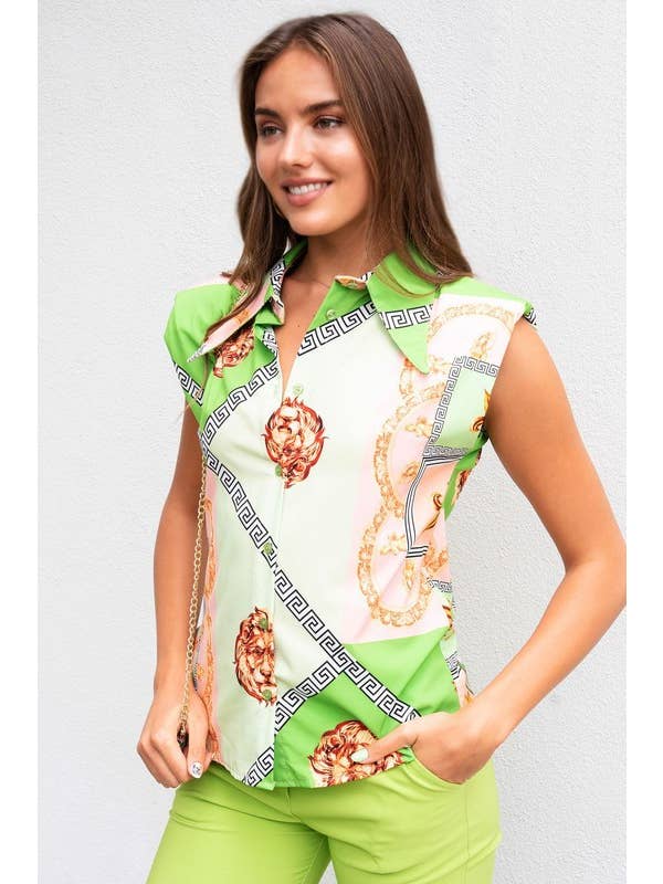 Multi verde/rosa TOP CON CUELLO ESTAMPADO DE ESTATUA DE LEÓN GEOMÉTRICO (23065-CHAINPURSE) de venta al por mayor en Faire