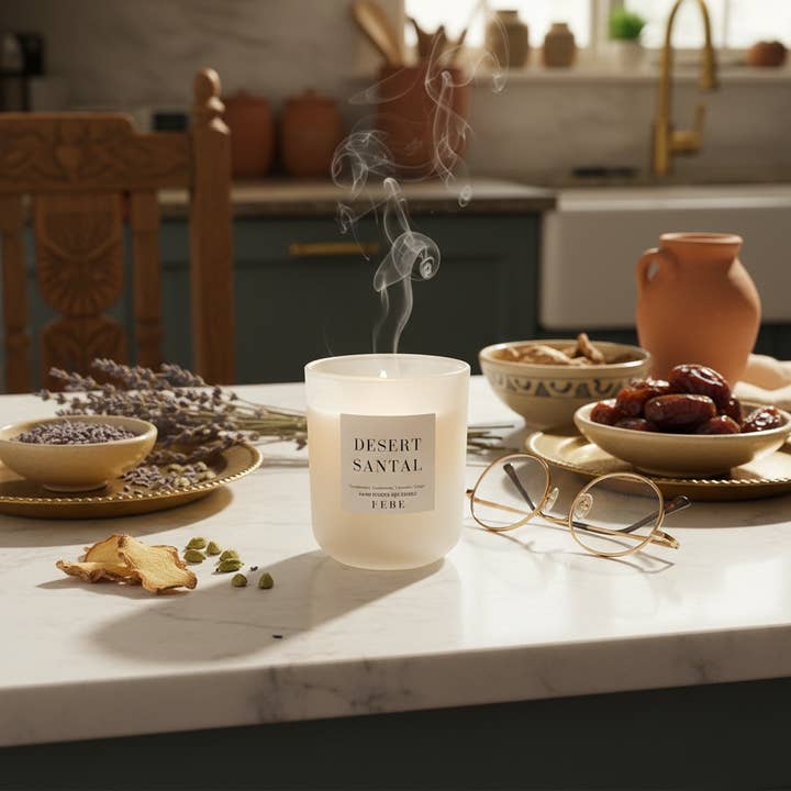 Desert Santal- Musk & Lavender 10oz Raw Crystal Glass Candle for wholesale by FEBE Candles