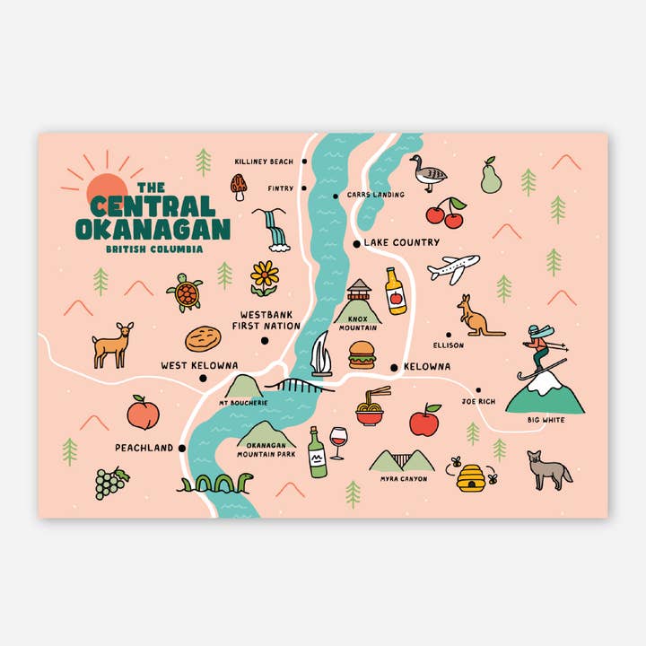 Tarjeta postal del mapa de Okanagan Central para venta al por mayor de Ashleigh Green Studios