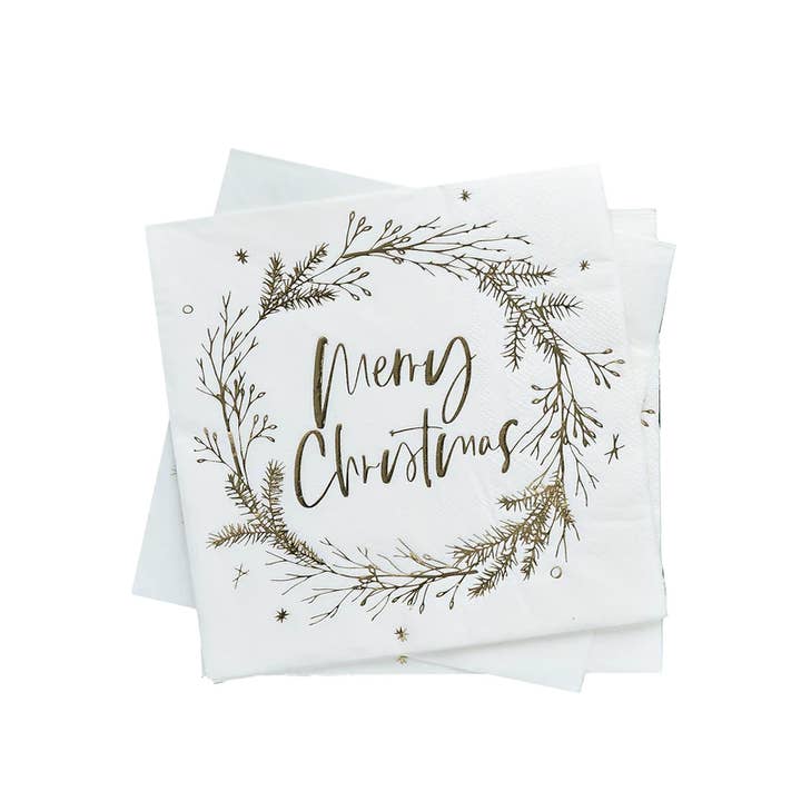 Hootyballoo by Club Green - Wholesale Disposable Napkin - Gold 'Merry Christmas' Wreath Paper Napkins 16 Pack1