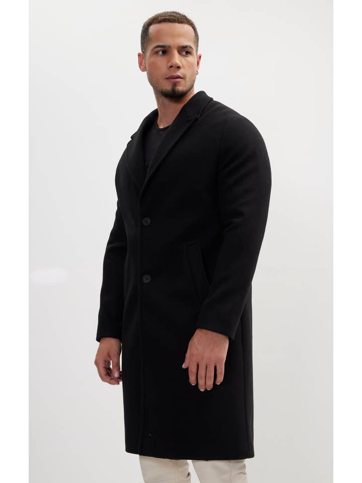 Men's Long Fitted Pea Coat With Notch Lapel - Black for wholesale on Faire
