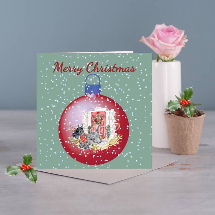 Christmas Bauble Scottie Dog Greetings Card for wholesale by Claire Louise