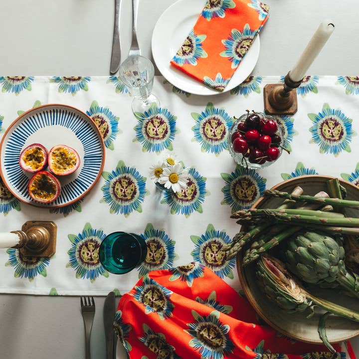 White Passion Flower Table Runner for wholesale by Emilia Hunt
