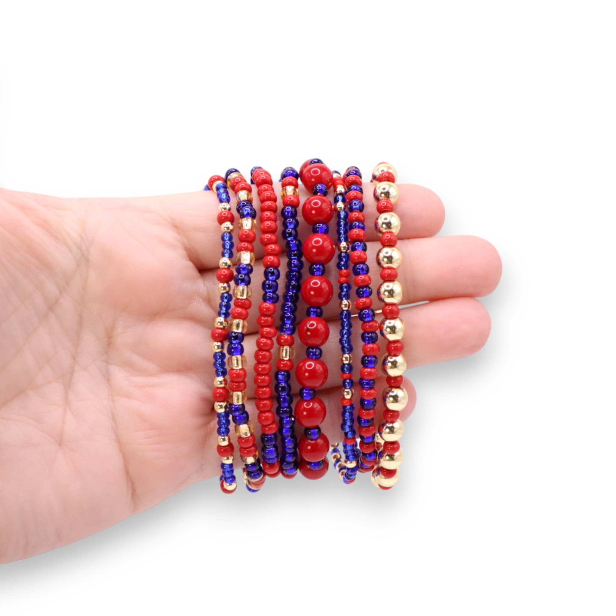 Fish Towne Designs, LLC - Wholesale Jewelry Set - Red and Blue Game Day Seed Bead Bracelet Stack Set of 82