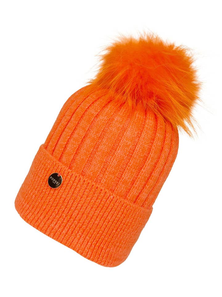 Adults Tangerine Angora Beanie Hat with matching Pom for wholesale by Popski London
