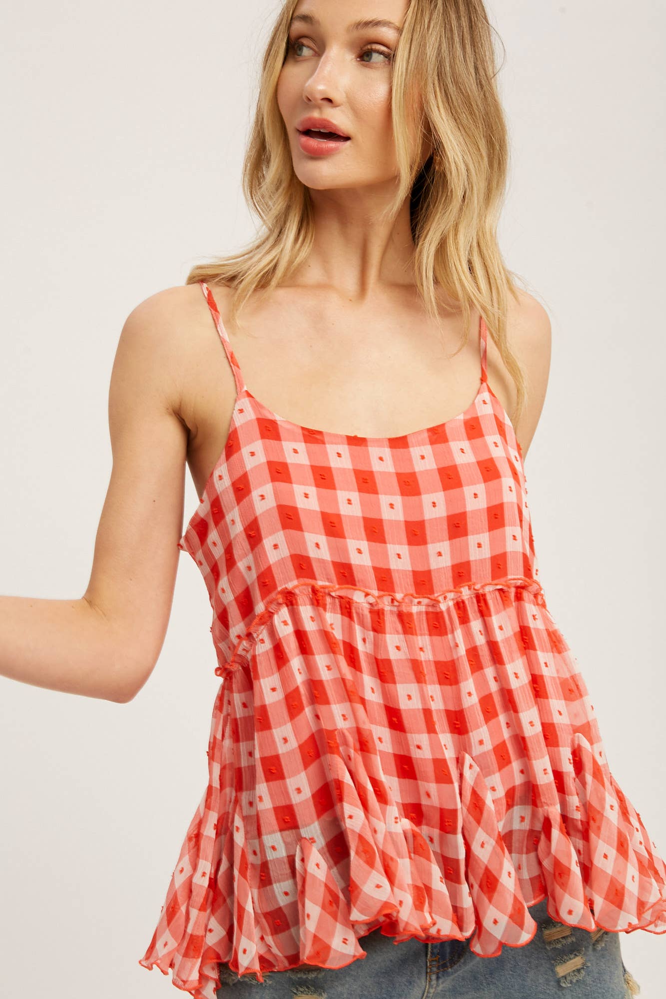 Bluivy – Top interior – Mulher por atacado – CAMI DE BAINHA DE BABADO DE CHIFFON XADREZ2