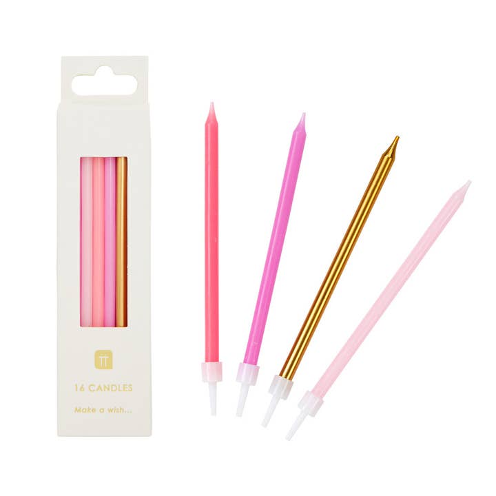 Talking Tables EU - Wholesale Cake Candle - Long Pink and Gold Birthday Candles | 16 Pack |