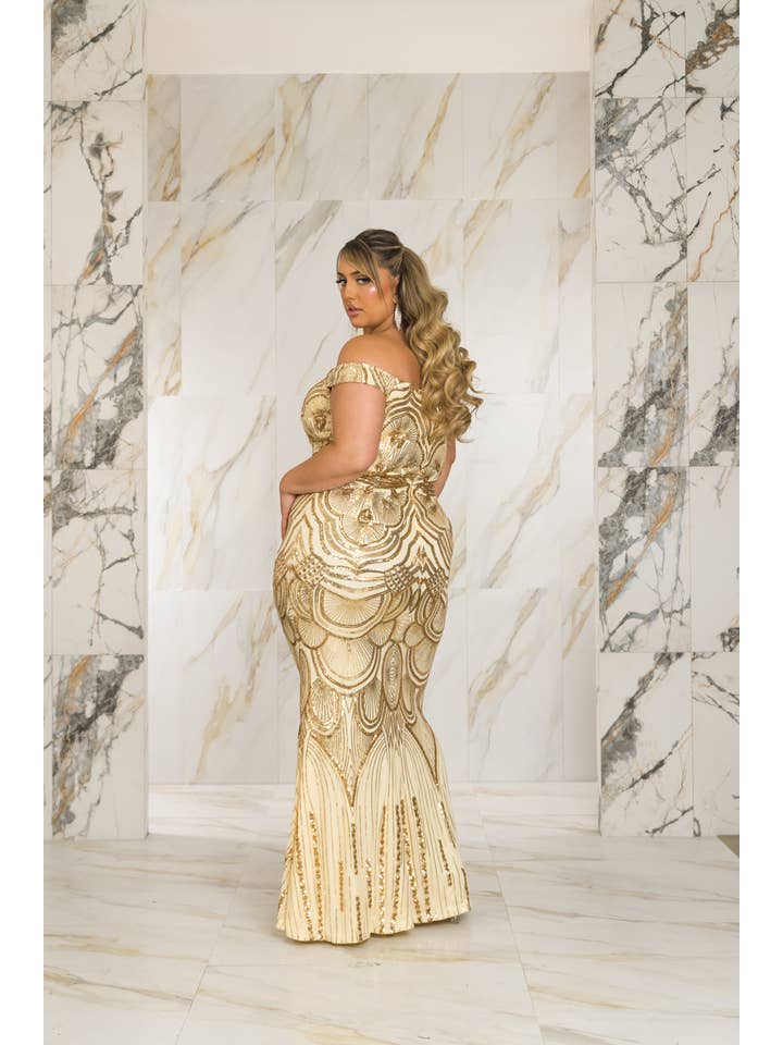 RICARICA INC. - Wholesale Gown - Women's - P1013AP8-PLUS SIZE OFF SHOULDER MERMAID SEQUIN MAXI DRESS