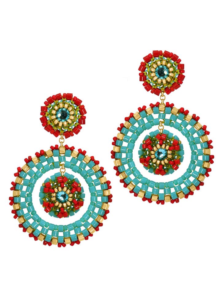 Boucles d'oreilles Duo Circle sur un poteau en turquoise et rouge, style E24746 pour la vente par Miguel Ases