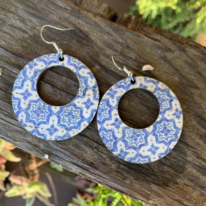 Blue and White Mosaic Cork Leather Hoop Earrings for wholesale by Jill's Jewels