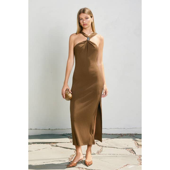 Dress Forum - Wholesale Dress - Women's - Gold Applique Halter Neck Rib Knit Dress (1)4
