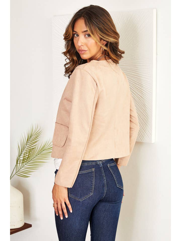 VENTI6 - Wholesale Jacket - Women's - RAW EDGE FAUX SUEDE OPEN JACKET WITH POCKETS(10210-CAMEL)3