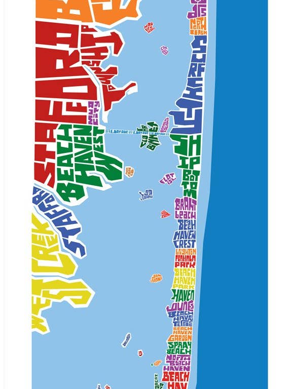 Typekaart van Long Beach Island New Jersey voor wholesale door LOST DOG art & frame