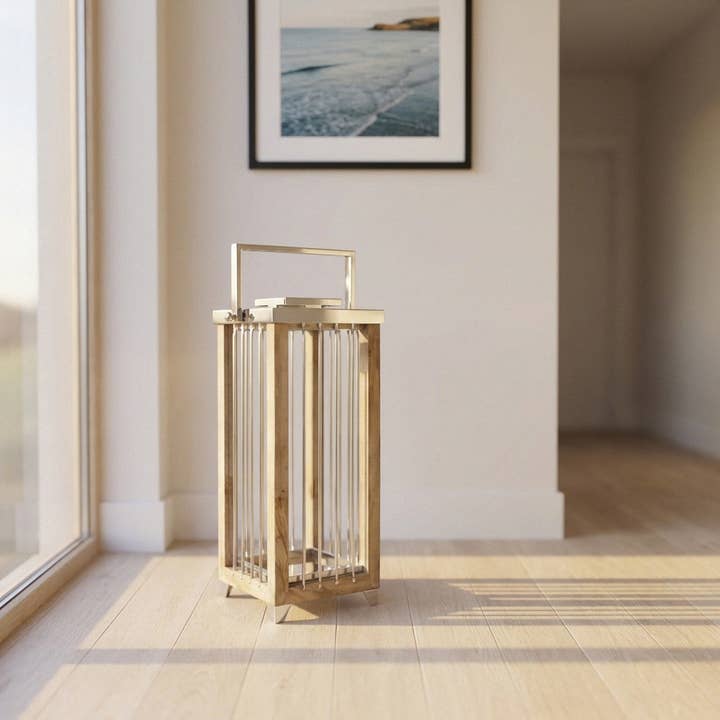 Farol de madera y vidrio, rectangular, natural, metal brillante, de alta calidad, A.66 cm para venta al por mayor de Antikas