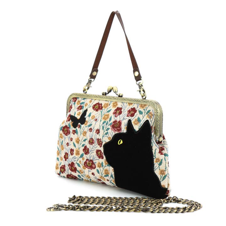 COMECO INC - Wholesale Shoulder Bag - Women's - Floral Black Cat Kisslock Bag