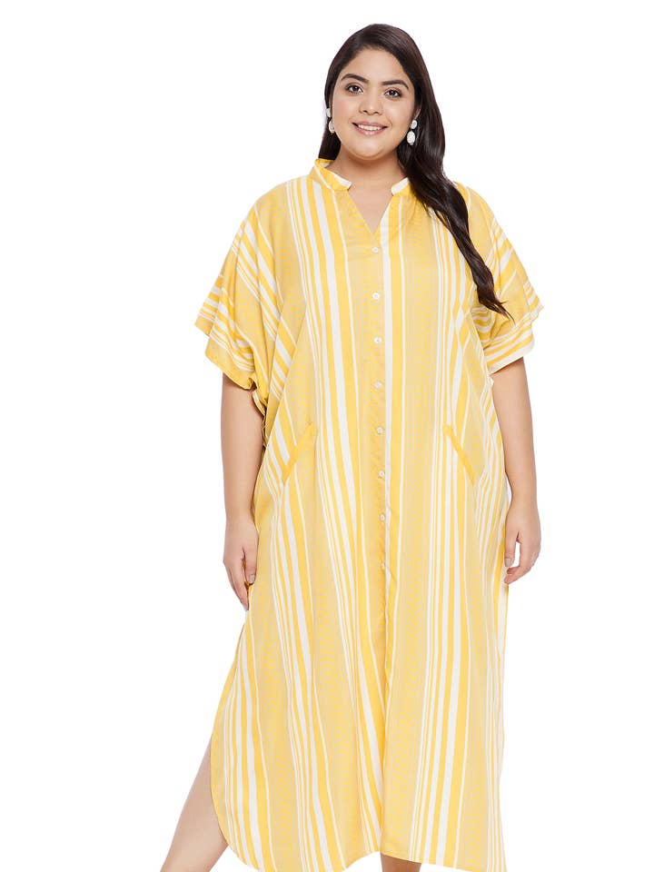 Polyester Striped Yellow Plus Size Kaftan Dress for wholesale by GYPSIE BLU