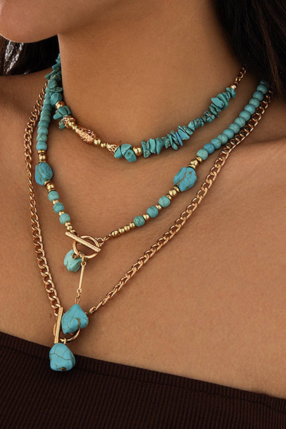 Green Plated Toggle Clasp Turquoise Cable Chain Layered Necklace for wholesale on Faire1