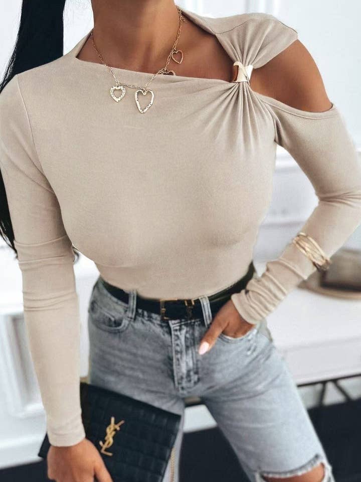 Faria Gold Clasp Cold Shoulder Style Top-Cream for wholesale by Catwalk Wholesale