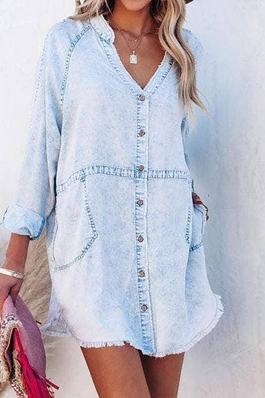 LIGHT DENIM pocketed chambray button down tunic for wholesale on Faire2