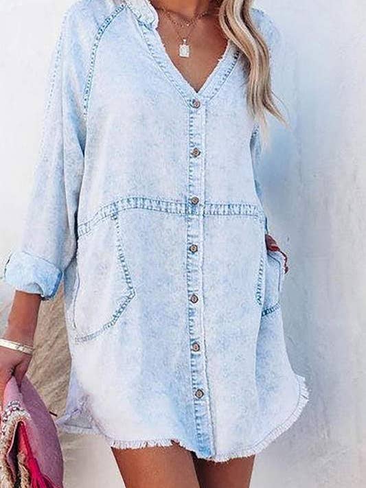 LIGHT DENIM pocketed chambray button down tunic for wholesale on Faire2