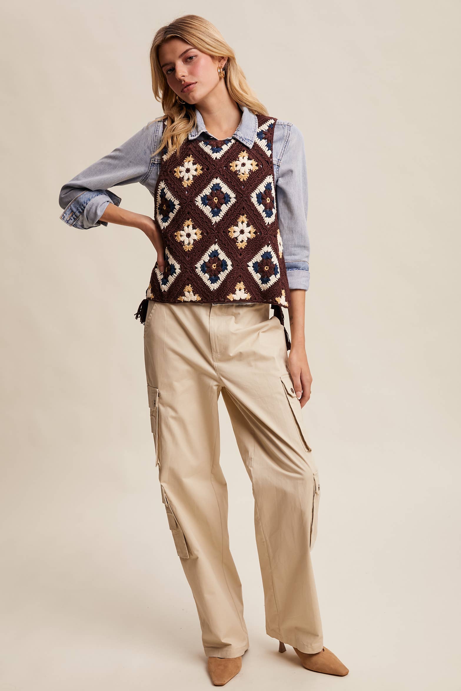 Listicle - Wholesale Sweater Vest - Women's - Crochet Granny Square Tassel Tie Vest LSW100610