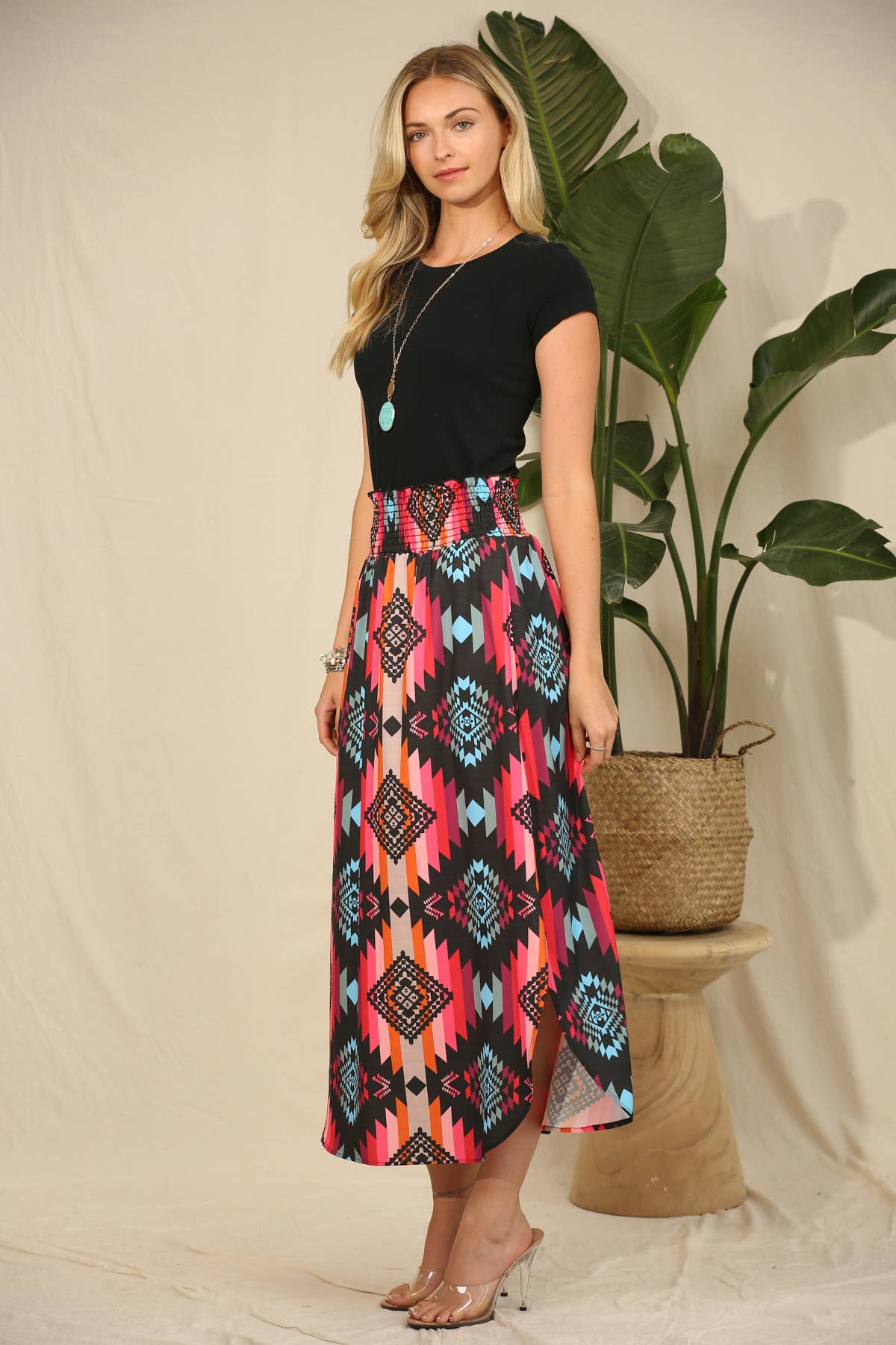 BLACK HOT PINK AV1213-ALANA AZTEC PRINT SMOCK WAIST MAXI SKIRT for wholesale on Faire3