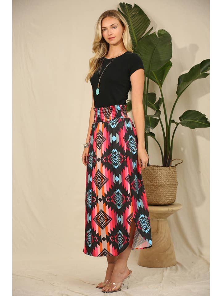 BLACK HOT PINK AV1213-ALANA AZTEC PRINT SMOCK WAIST MAXI SKIRT for wholesale on Faire3