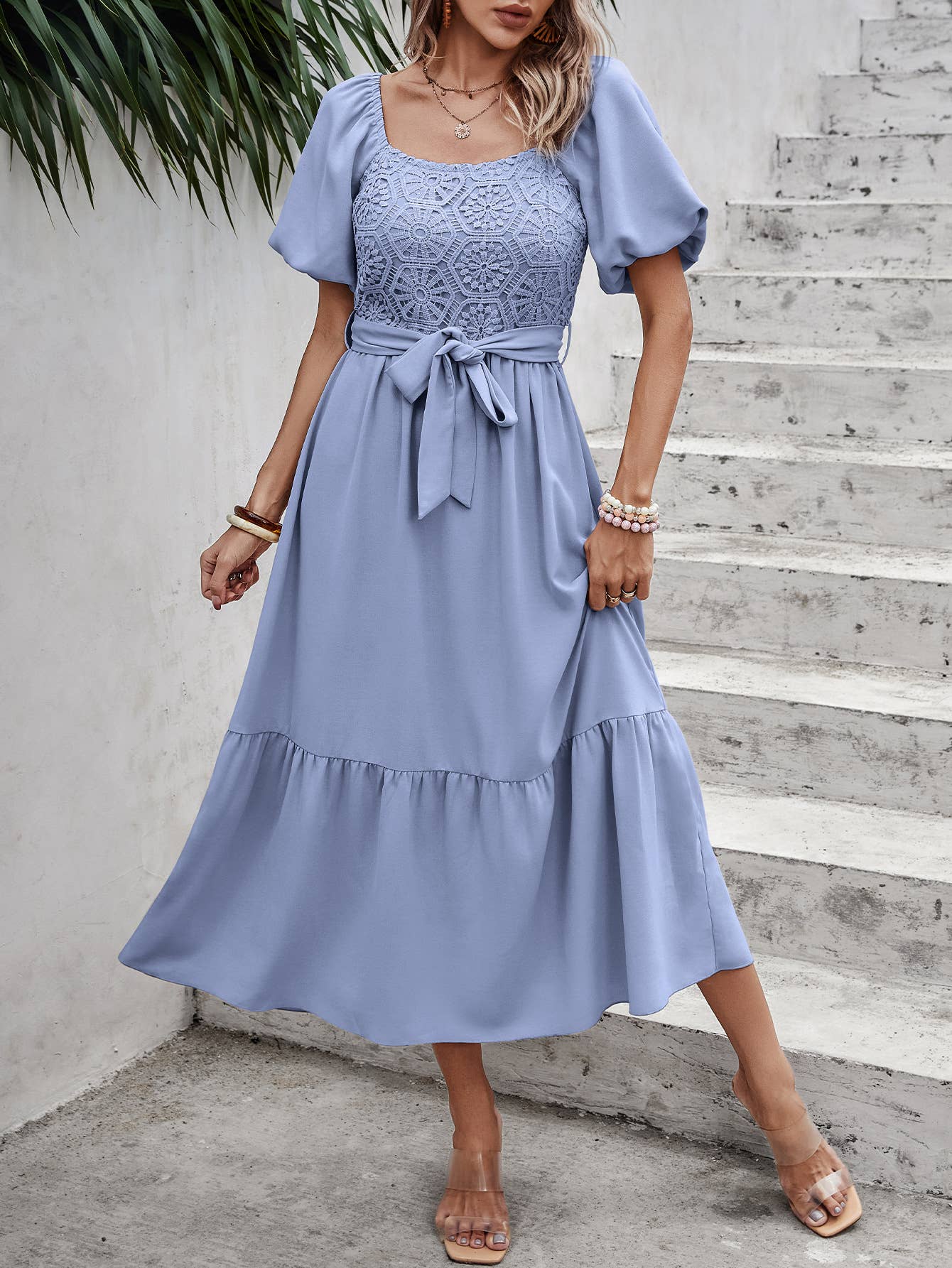 eLook - Wholesale Jurk - Dames - SZ1-DR1008 Midi-jurk met haakdetails en pofmouwen en riem31