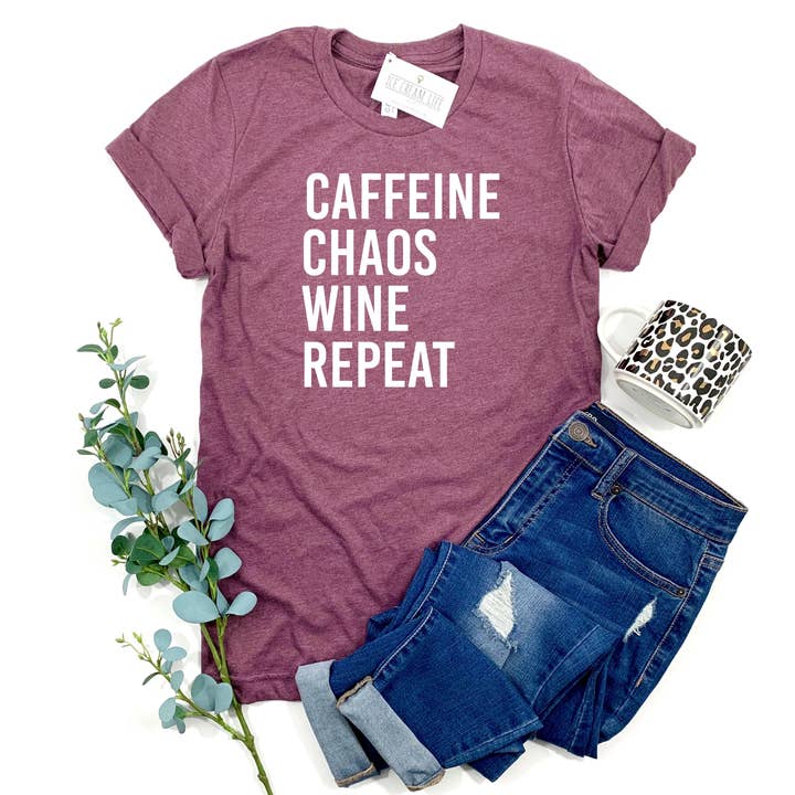 Camisa Cafeine Chaos Wine Repeat, T-shirts Femininas Funny Wine por atacado de Ice Cream Life