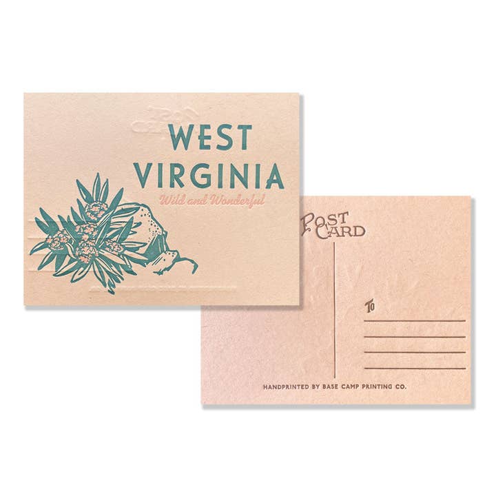 West Virginia, Wild & Wonderful - Letterpress Postcard for wholesale by Base Camp Printing Co.