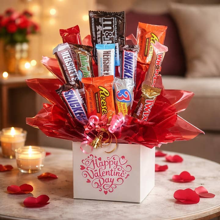 Chocolate Candy Bouquet in Val Day Heart box (12 pc candy) for wholesale by So Sweet of You