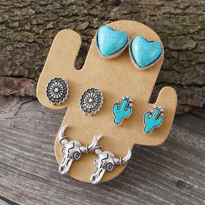 Sweet Cherry Sky - Wholesale Jewelry Set - Set of 4 Turquoise Stud Earrings Western Theme