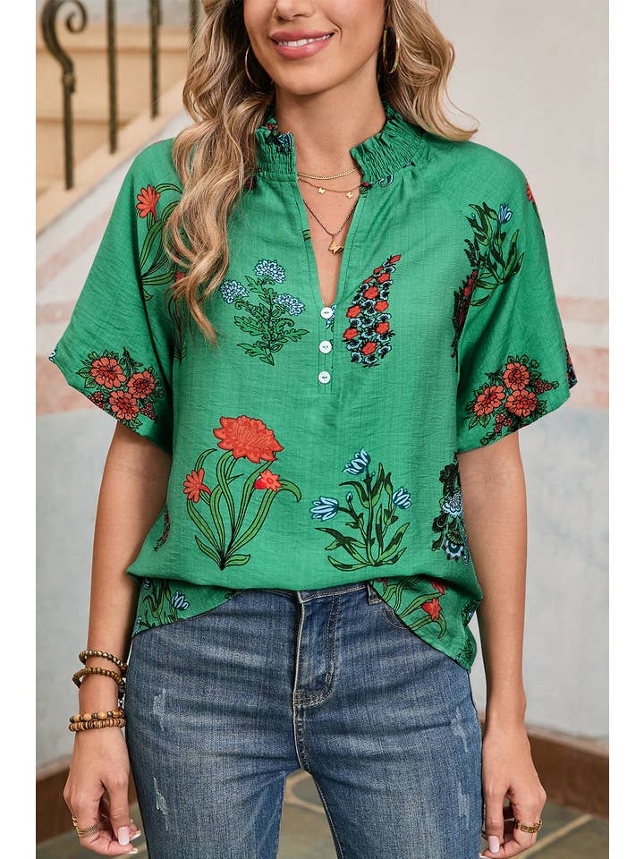 Bright Green Floral Buttoned V-Neck Summer Blouse for wholesale on Faire